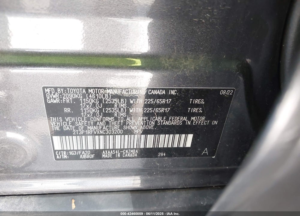 2022 TOYOTA RAV4 VIN: 2T3P1RFVXNC303200