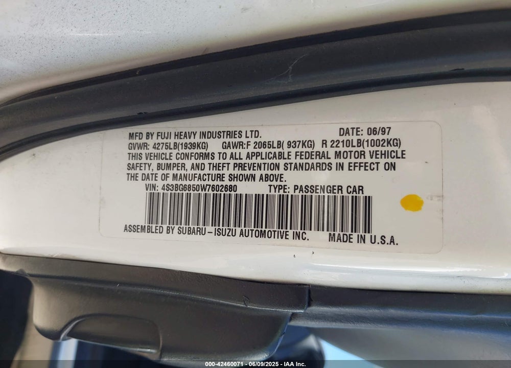 1998 SUBARU LEGACY OUTBACK/OUTBACK LIMITED/OUTBACK SPORT VIN: 4S3BG6850W7602680