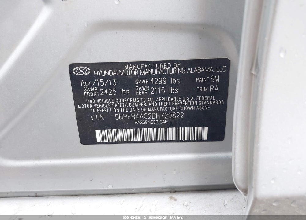 2013 HYUNDAI SONATA VIN: 5NPEB4AC2DH729822