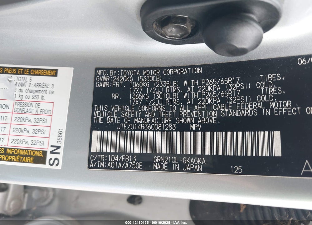 2006 TOYOTA 4RUNNER SR5 SPORT V6 VIN: JTEZU14R360081283