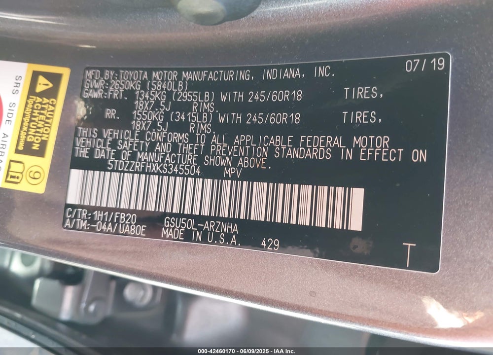 2019 TOYOTA HIGHLANDER VIN: 5TDZZRFHXKS345504