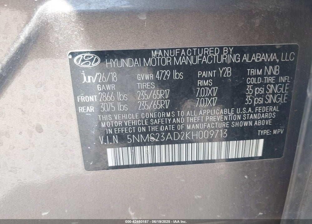 2019 HYUNDAI SANTA FE VIN: 5NMS23AD2KH009713