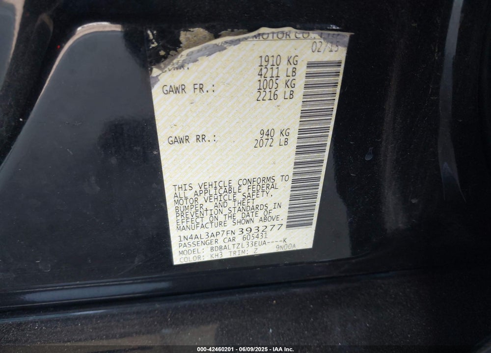 2015 NISSAN ALTIMA VIN: 1N4AL3AP7FN393277