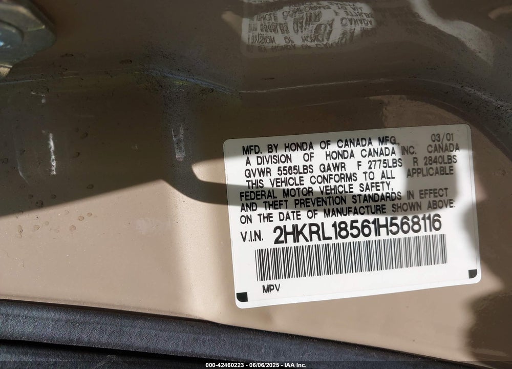 2001 HONDA ODYSSEY LX VIN: 2HKRL18561H568116