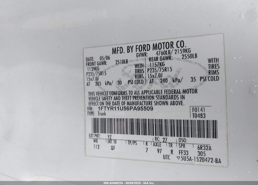 2006 FORD RANGER VIN: 1FTYR11U56PA95509