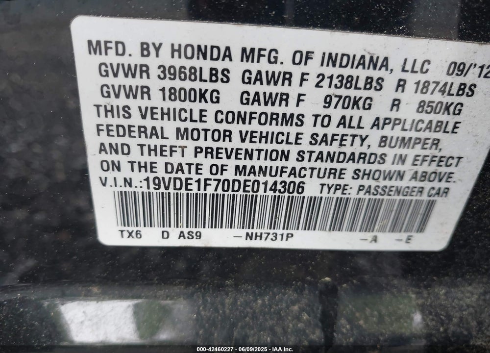 2013 ACURA ILX VIN: 19VDE1F70DE014306