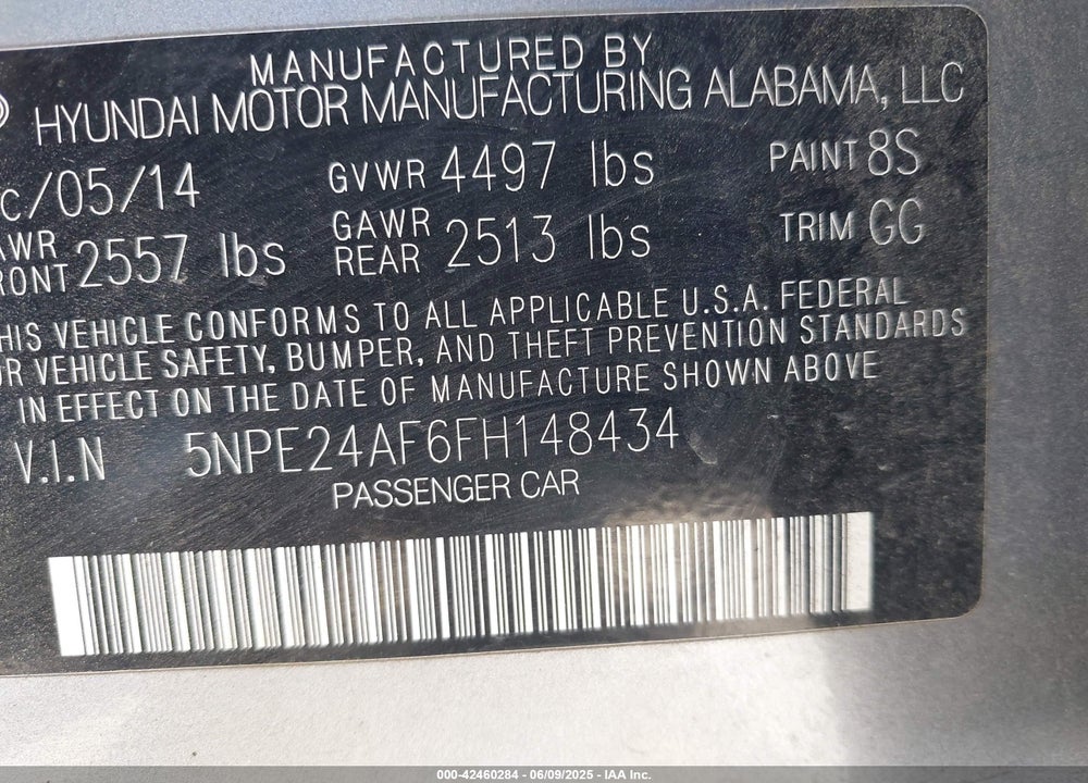 2015 HYUNDAI SONATA SE VIN: 5NPE24AF6FH148434