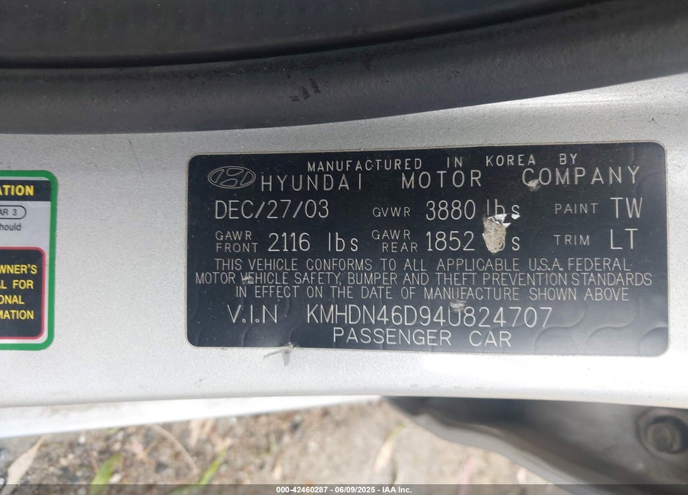 2004 HYUNDAI ELANTRA GLS/GT VIN: KMHDN46D94U824707
