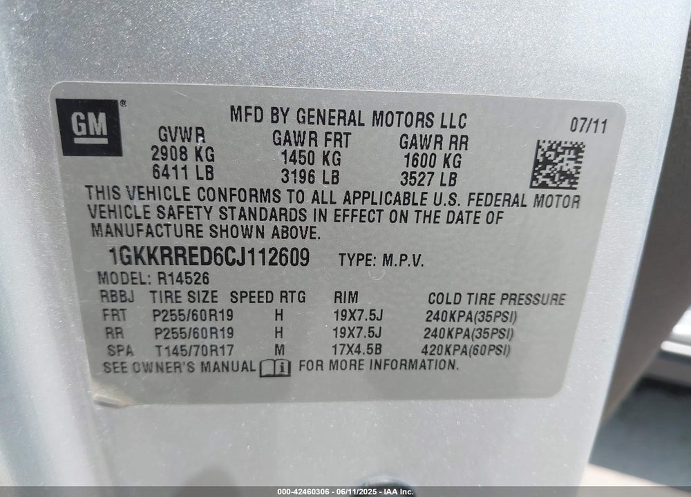 2012 GMC ACADIA VIN: 1GKKRRED6CJ112609