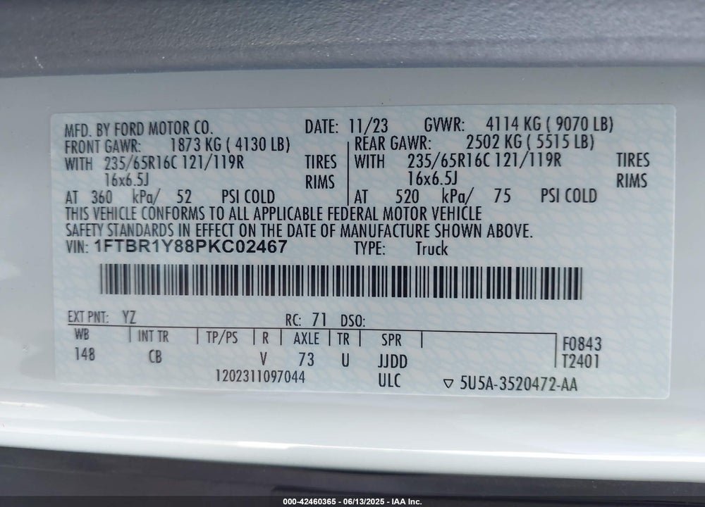 2023 FORD TRANSIT-250 VIN: 1FTBR1Y88PKC02467