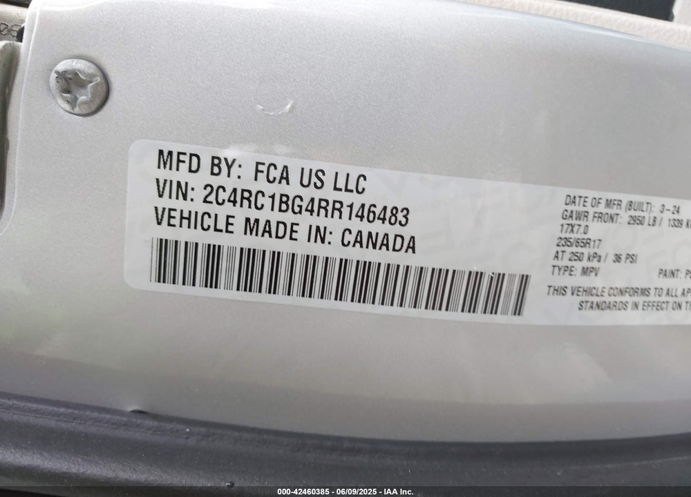 2024 CHRYSLER PACIFICA TOURING L VIN: 2C4RC1BG4RR146483