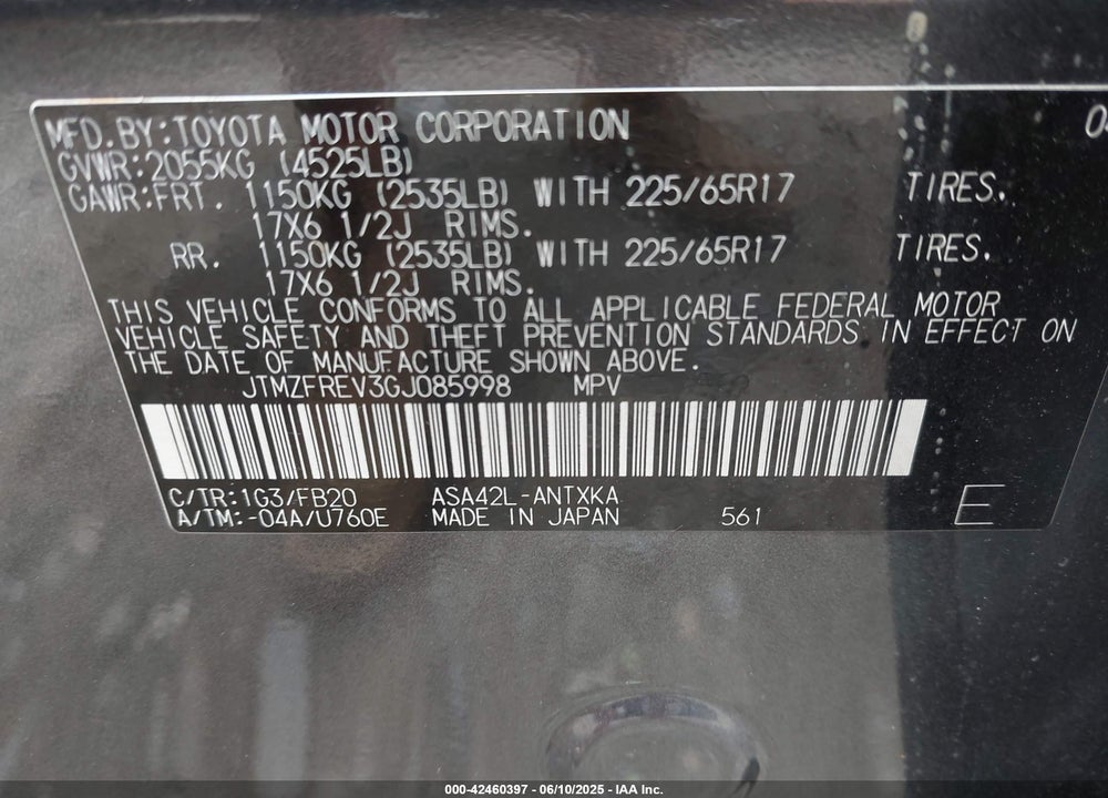 2016 TOYOTA RAV4 VIN: JTMZFREV3GJ085998