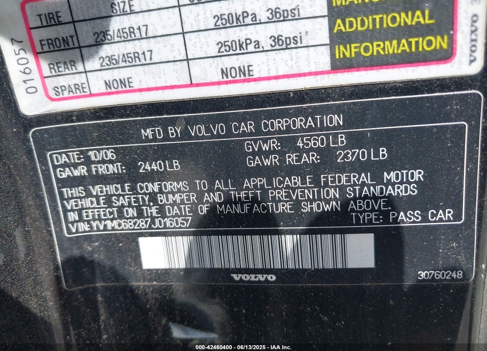 2007 VOLVO C70 T5 VIN: YV1MC68287J016057