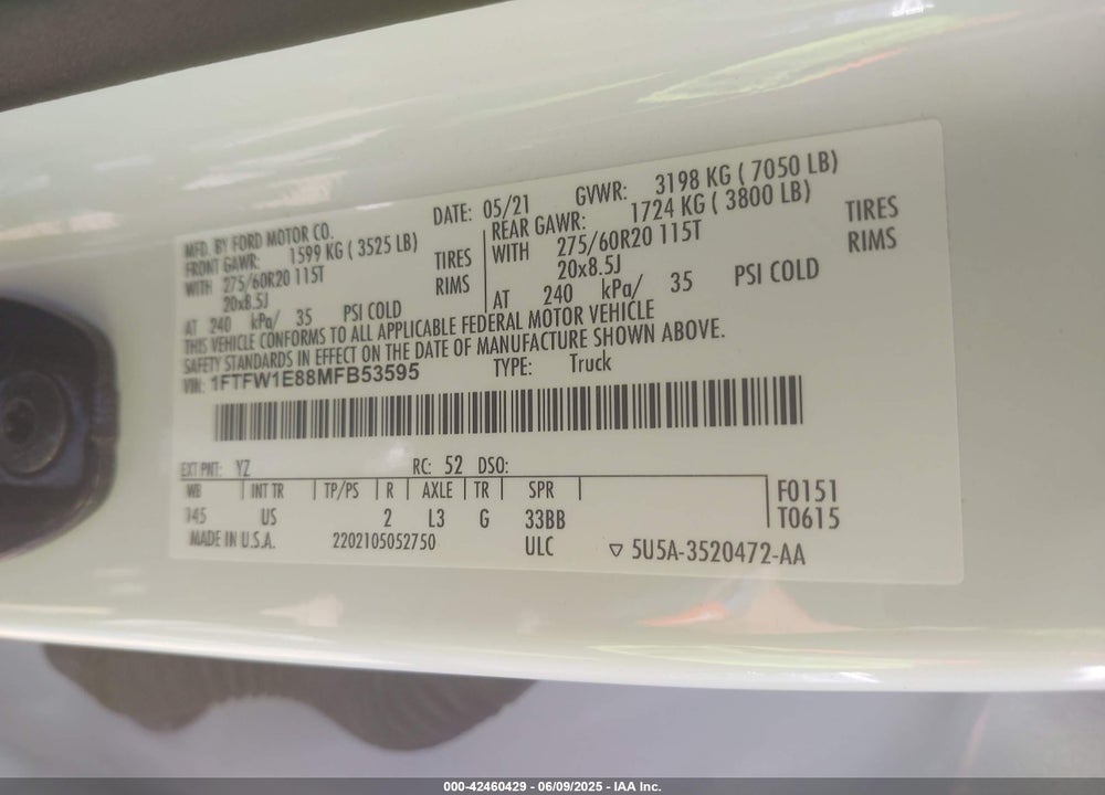 2021 FORD F-150 VIN: 1FTFW1E88MFB53595