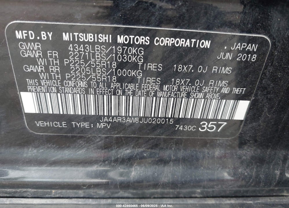2018 MITSUBISHI OUTLANDER SPORT VIN: JA4AR3AW8JU020015