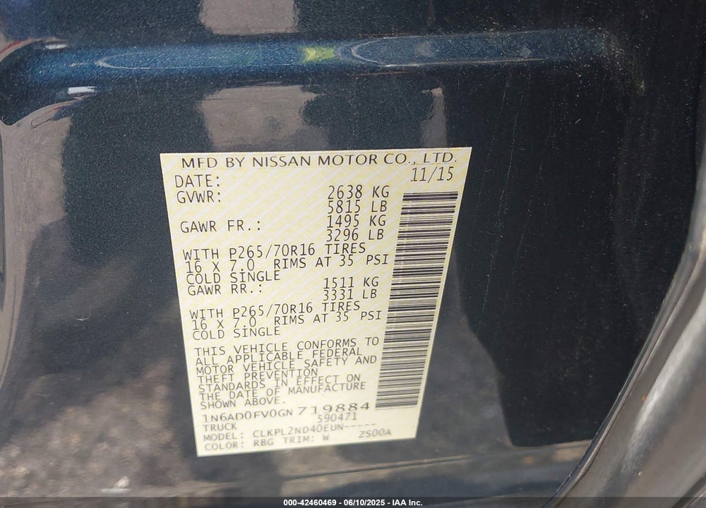 2016 NISSAN FRONTIER VIN: 1N6AD0FV0GN719884