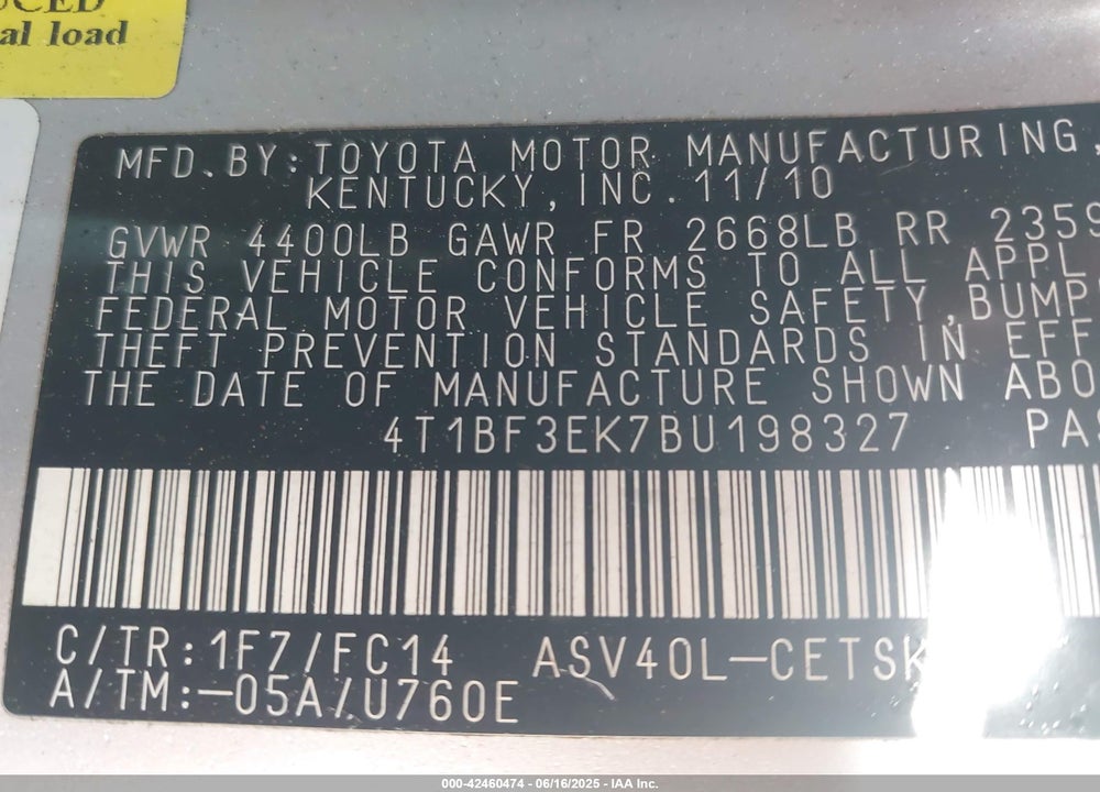 2011 TOYOTA CAMRY VIN: 4T1BF3EK7BU198327