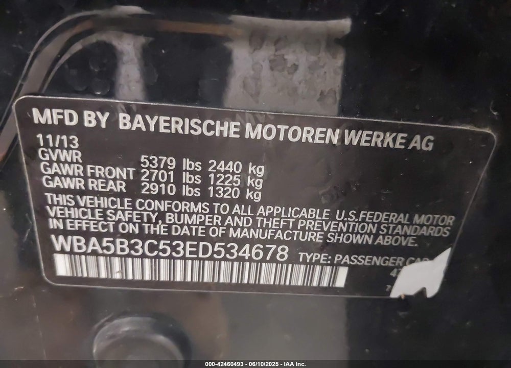 2014 BMW 5 SERIES VIN: WBA5B3C53ED534678