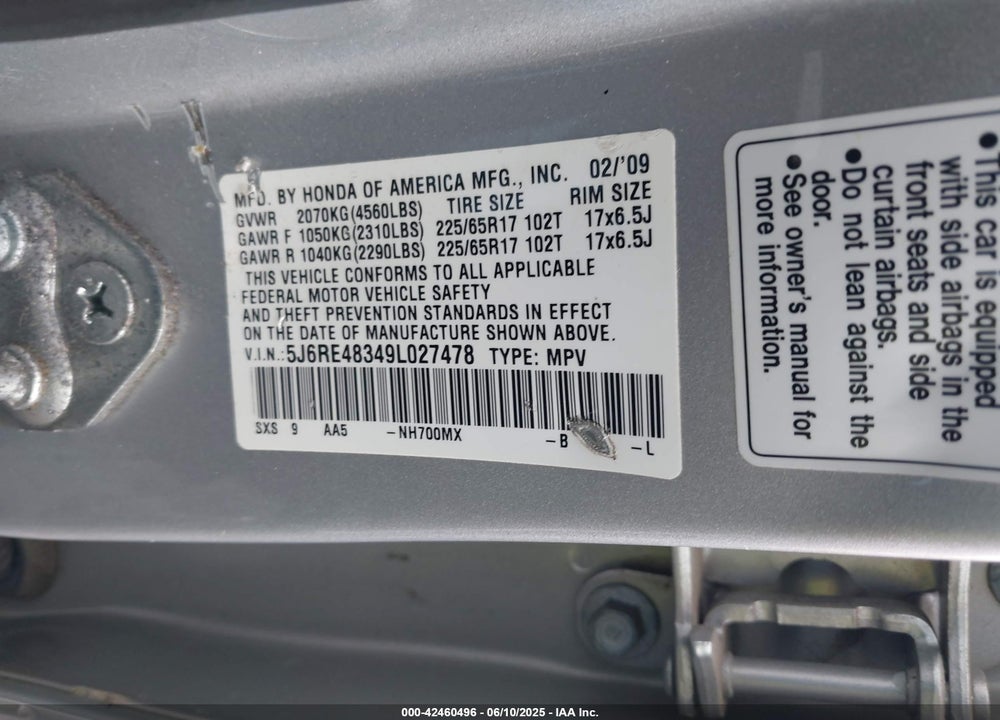 2009 HONDA CR-V VIN: 5J6RE48349L027478