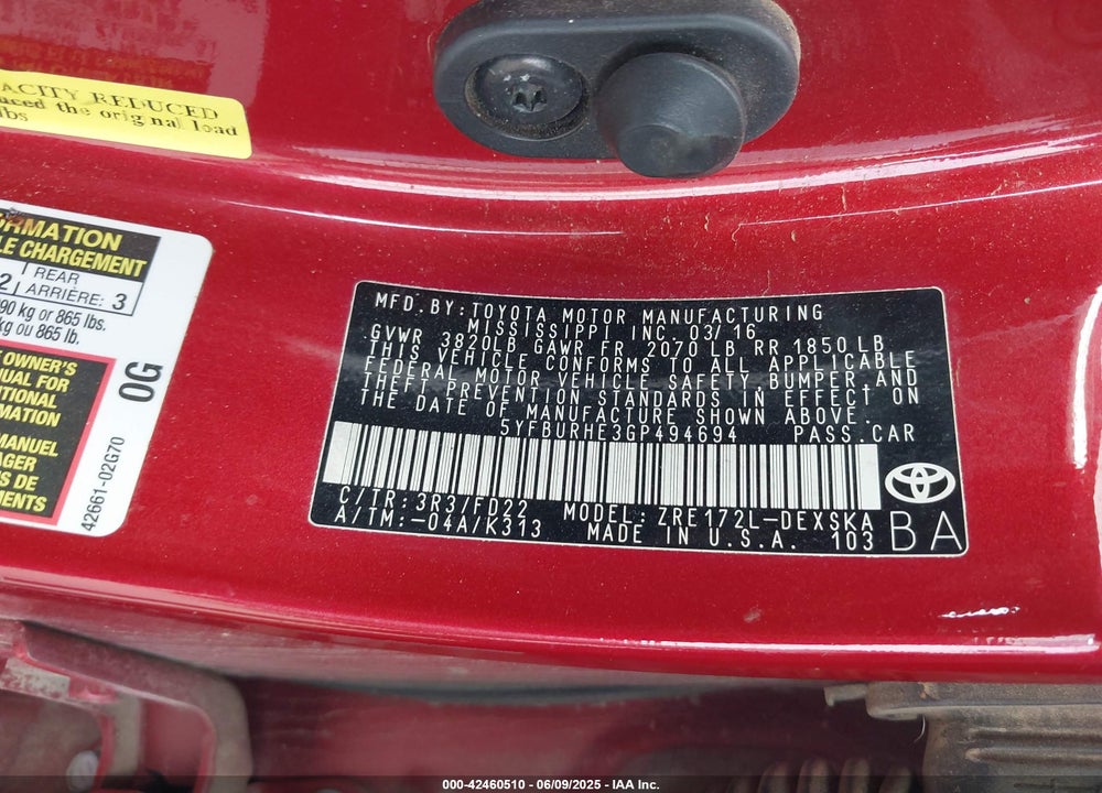 2016 TOYOTA COROLLA VIN: 5YFBURHE3GP494694