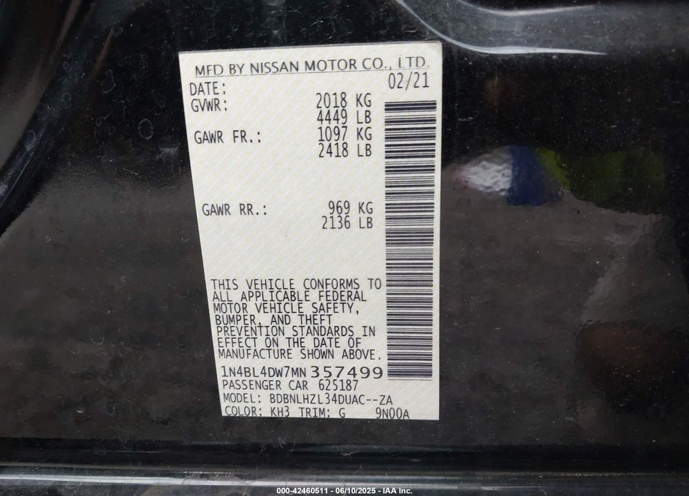 2021 NISSAN ALTIMA VIN: 1N4BL4DW7MN357499