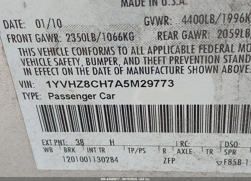 2010 MAZDA 6 I GRAND TOURING VIN: 1YVHZ8CH7A5M29773