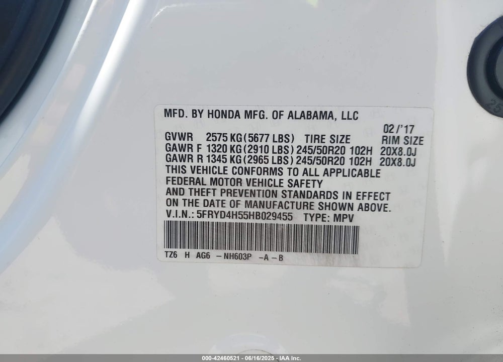 2017 ACURA MDX VIN: 5FRYD4H55HB029455