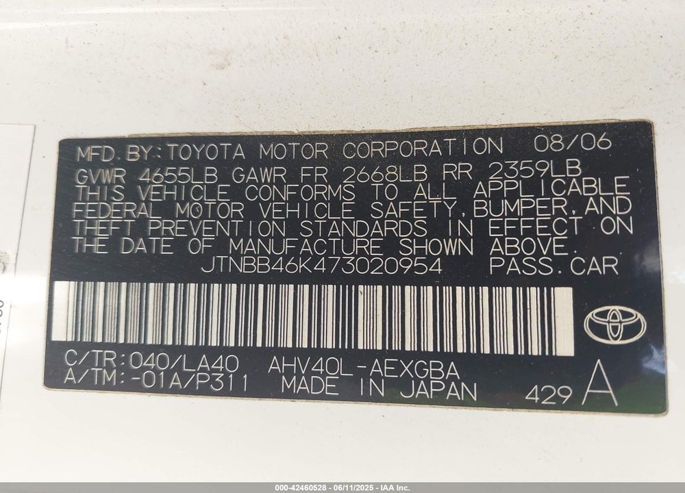 2007 TOYOTA CAMRY HYBRID VIN: JTNBB46K473020954