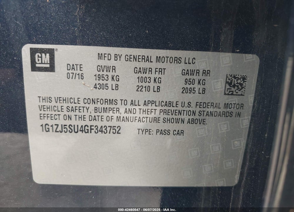 2016 CHEVROLET MALIBU HYBRID VIN: 1G1ZJ5SU4GF343752