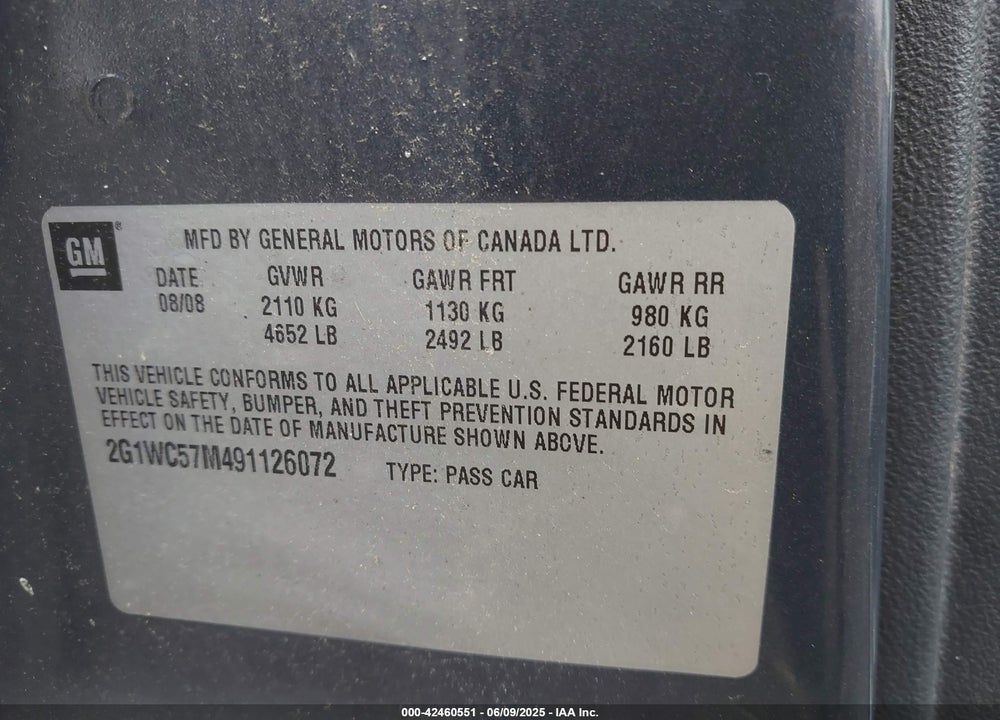 2009 CHEVROLET IMPALA VIN: 2G1WC57M491126072