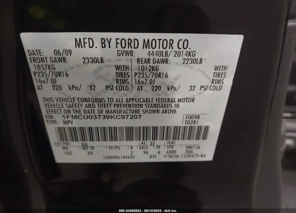 2009 FORD ESCAPE VIN: 1FMCU03739KC97207
