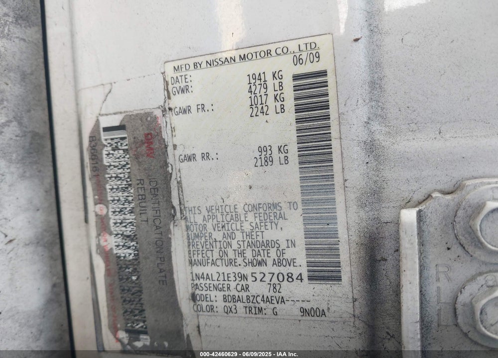 2009 NISSAN ALTIMA VIN: 1N4AL21E39N527084