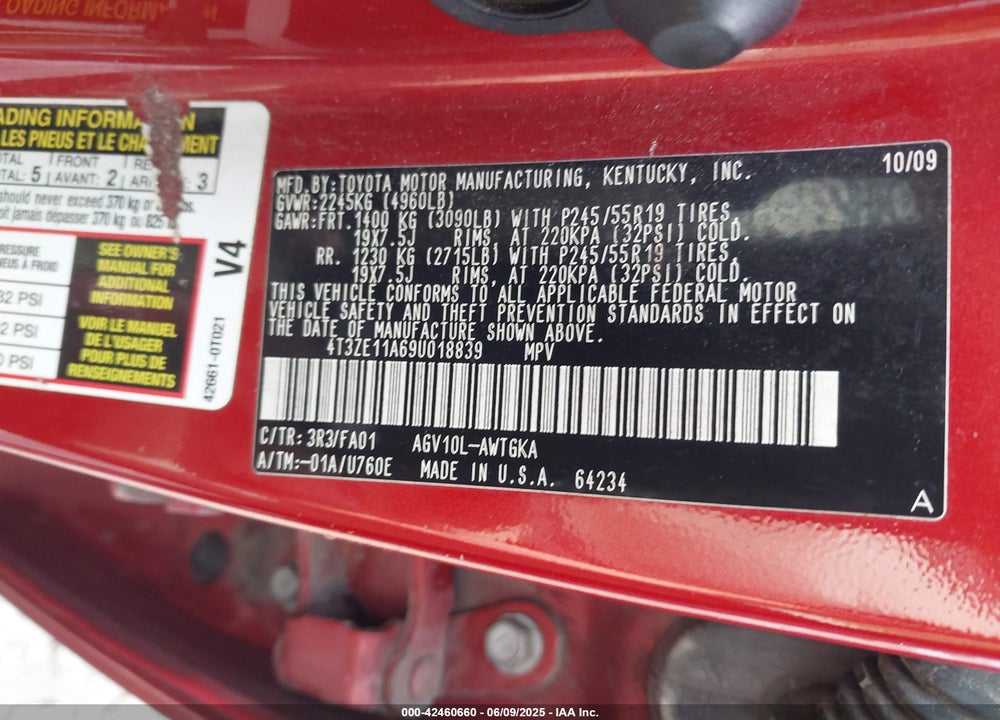 2009 TOYOTA VENZA VIN: 4T3ZE11A69U018839