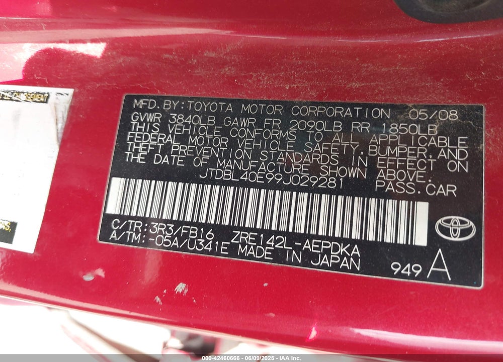 2009 TOYOTA COROLLA VIN: JTDBL40E99J029281