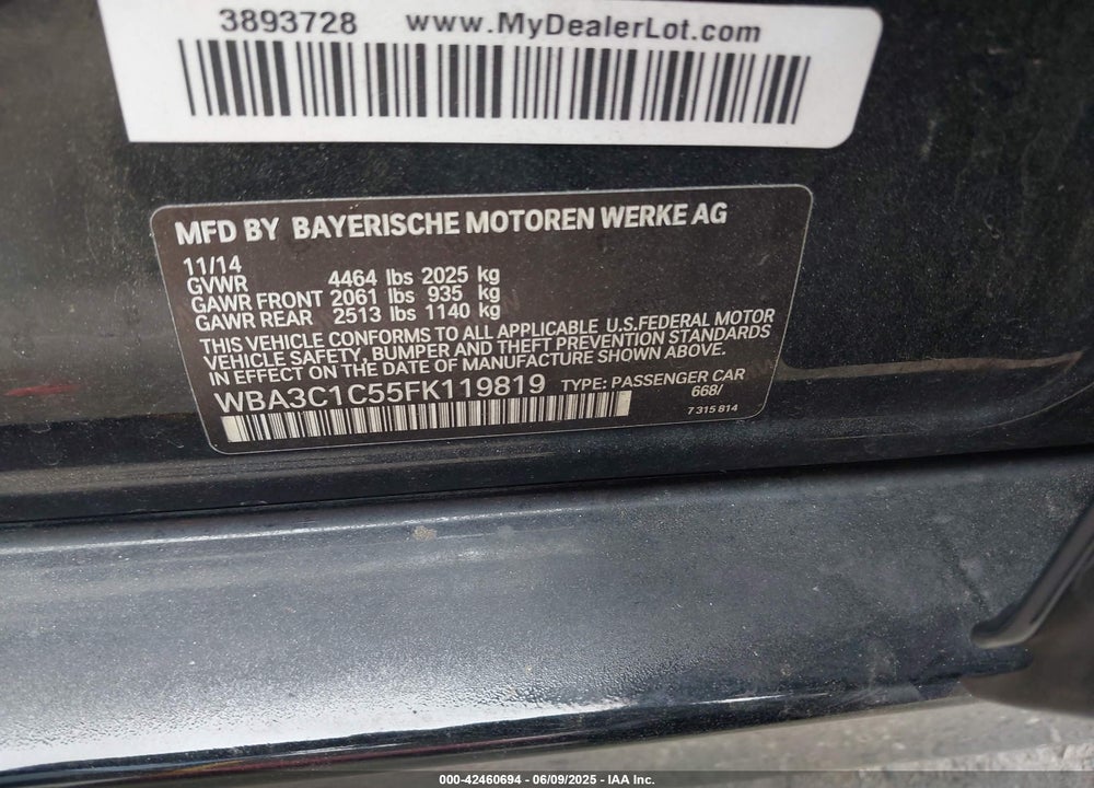 2015 BMW 328 VIN: WBA3C1C55FK119819