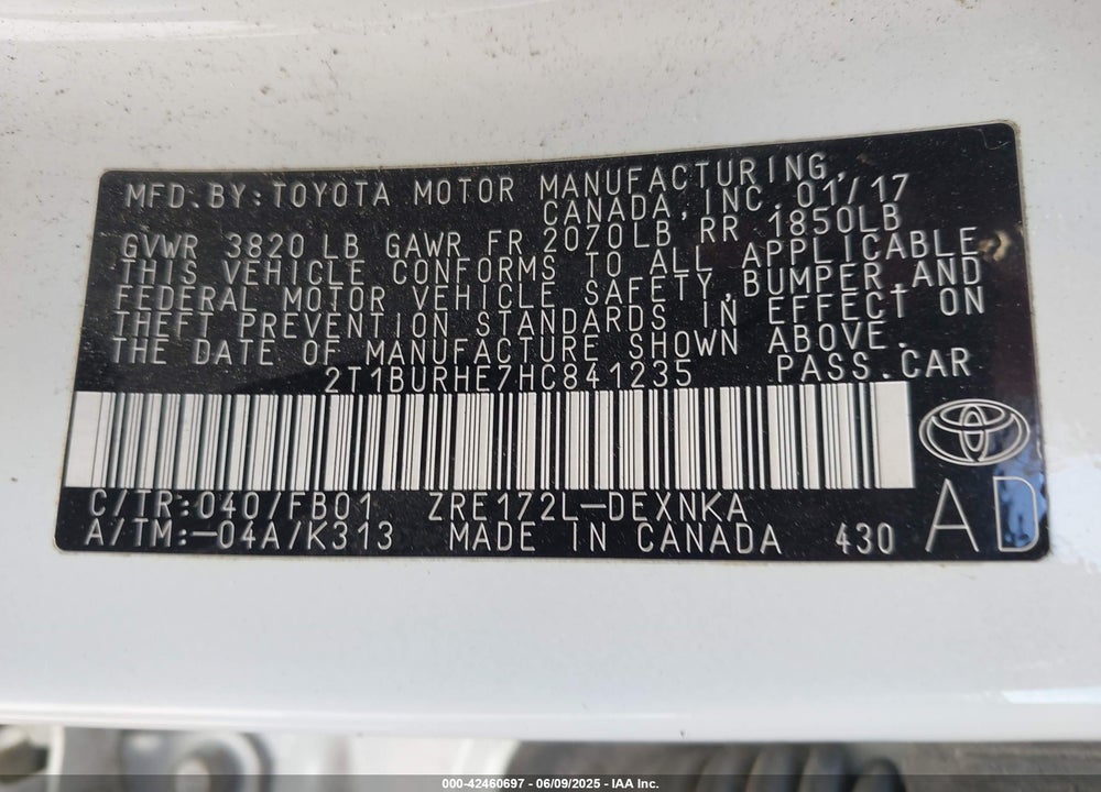 2017 TOYOTA COROLLA VIN: 2T1BURHE7HC841235