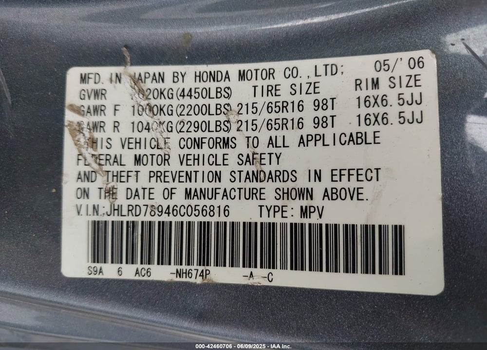 2006 HONDA CR-V VIN: JHLRD78946C056816