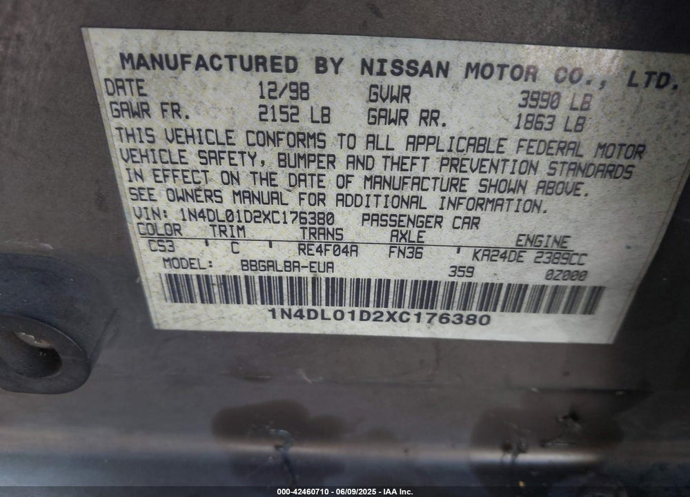1999 NISSAN ALTIMA GLE/GXE/SE/SE-L/XE VIN: 1N4DL01D2XC176380
