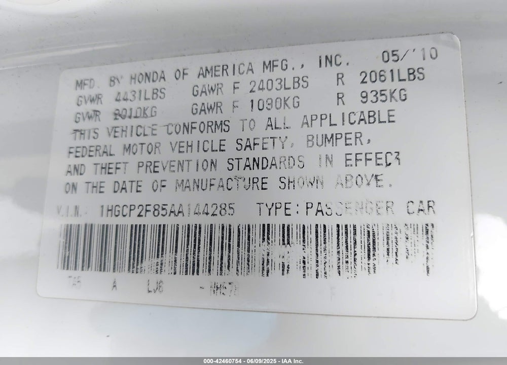 2010 HONDA ACCORD 2.4 EX-L VIN: 1HGCP2F85AA144285