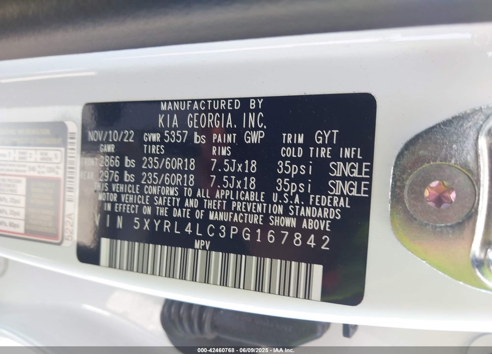 2023 KIA SORENTO VIN: 5XYRL4LC3PG167842