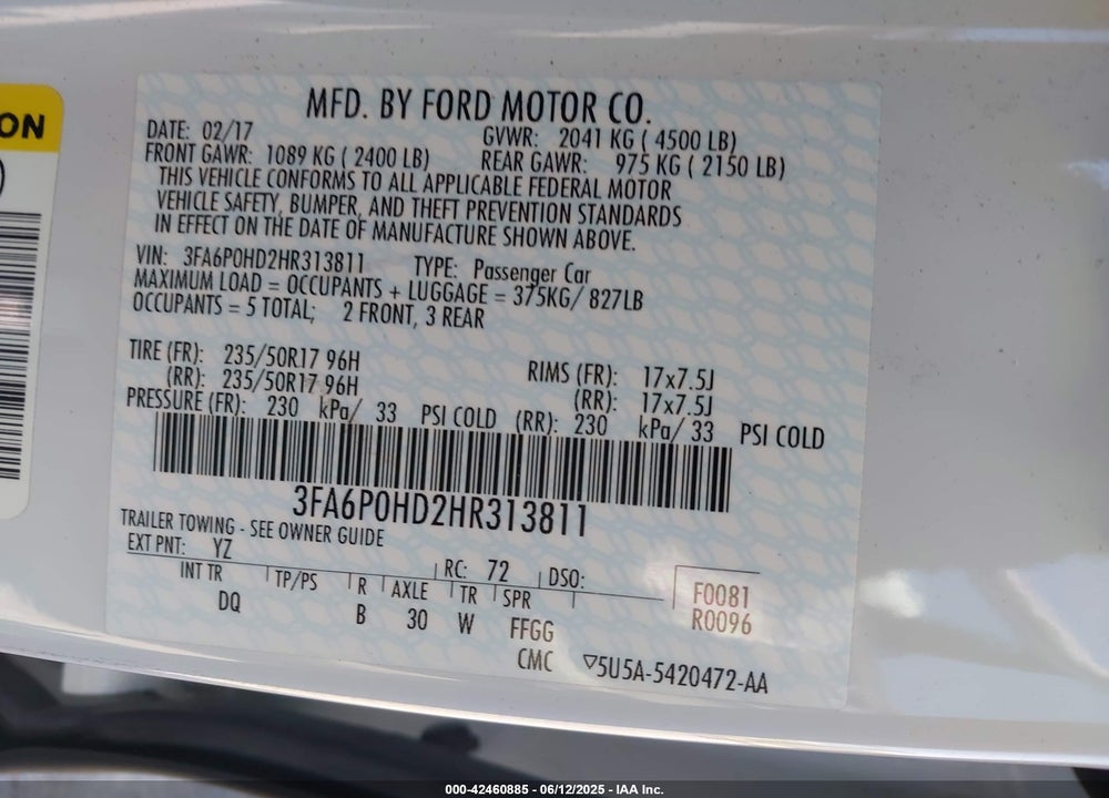 2017 FORD FUSION VIN: 3FA6P0HD2HR313811
