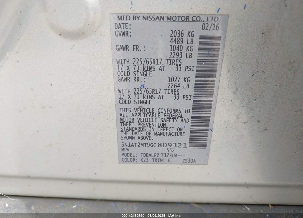 2016 NISSAN ROGUE VIN: 5N1AT2MT9GC809321