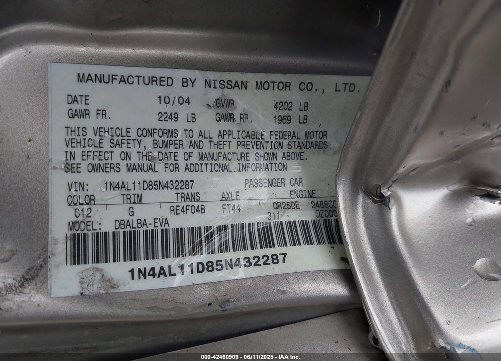 2005 NISSAN ALTIMA 2.5 S VIN: 1N4AL11D85N432287