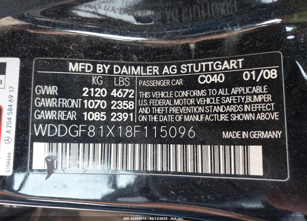 2008 MERCEDES-BENZ C 300 VIN: WDDGF81X18F115096
