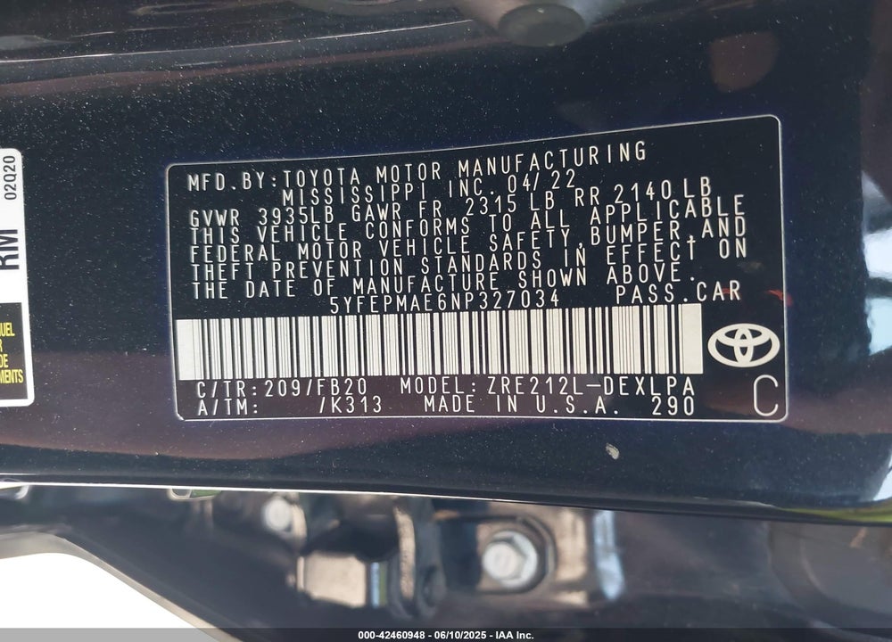 2022 TOYOTA COROLLA VIN: 5YFEPMAE6NP327034
