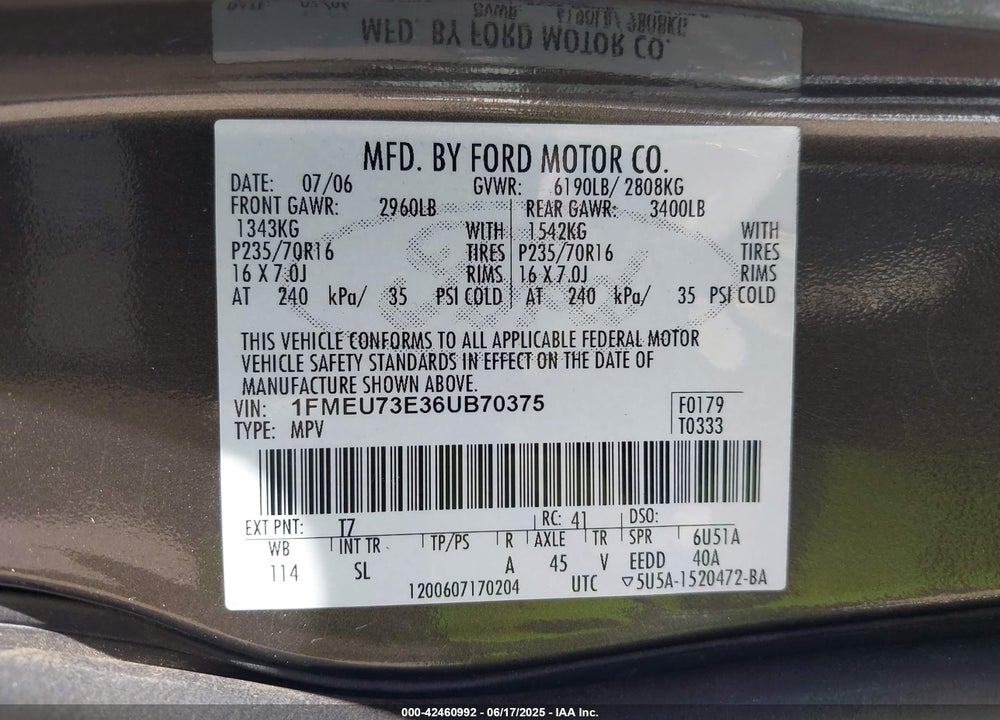 2006 FORD EXPLORER XLT VIN: 1FMEU73E36UB70375