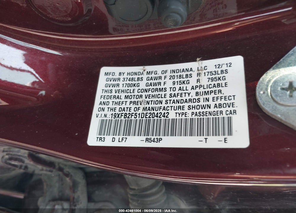 2013 HONDA CIVIC VIN: 19XFB2F51DE204242