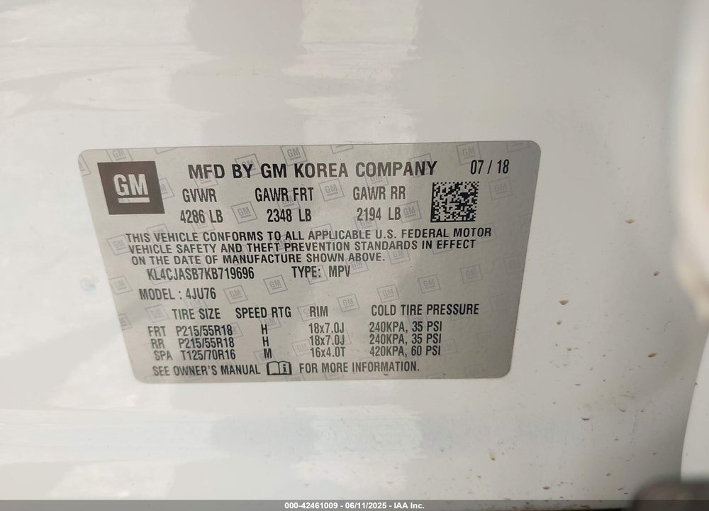 2019 BUICK ENCORE VIN: KL4CJASB7KB719696