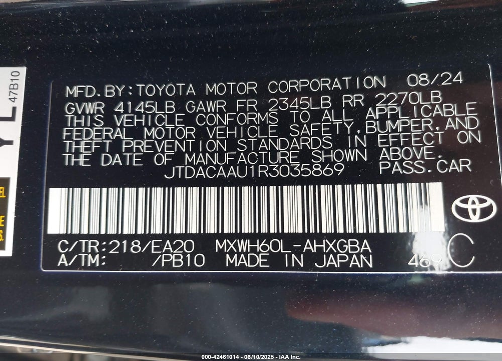 2024 TOYOTA PRIUS VIN: JTDACAAU1R3035869
