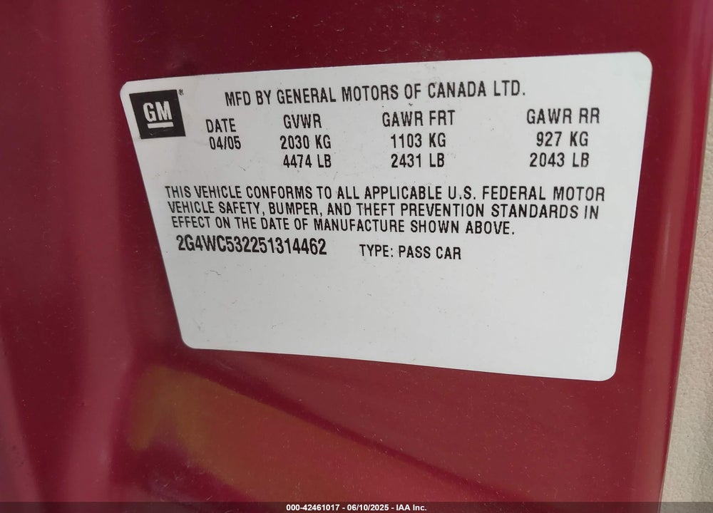 2005 BUICK LACROSSE CX VIN: 2G4WC532251314462